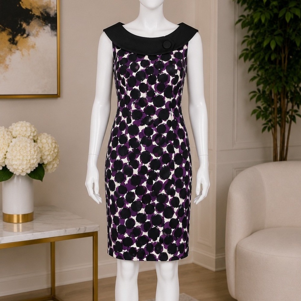 AGB Womens Sheath Dress Polka Dot Portrait Collar Purple Black White 10